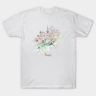 Scenic city view of Bruges canal with beautiful houses and church T-Shirt